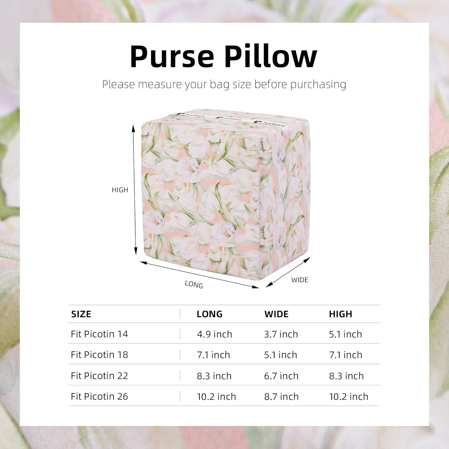 Purse Pillow Insert for Picotin 14/18/22/26 bags, Soft Memory Foam Bag Pillow, Luxury Handbag Tote Shaper (PC22,French Tulips)