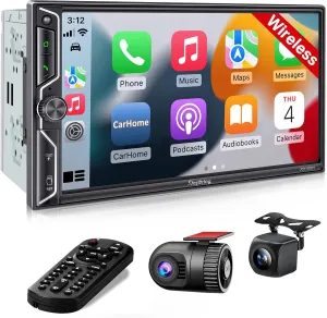 [QLED Screen Upgrade] 7" Double Din Car Stereo with Dash Cam, Wireless Apple CarPlay and Android Auto, Bluetooth 5.3, 240W 4.2-Channel Audio Output, MirrorLink, Backup Camera, AM/FM Car Radio