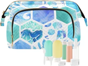 Quilted Cosmetic Bag Blue Watercolor Hexagonal Tiles Wide Open Makeup Organizer Pouch for Women Travel Daily Use