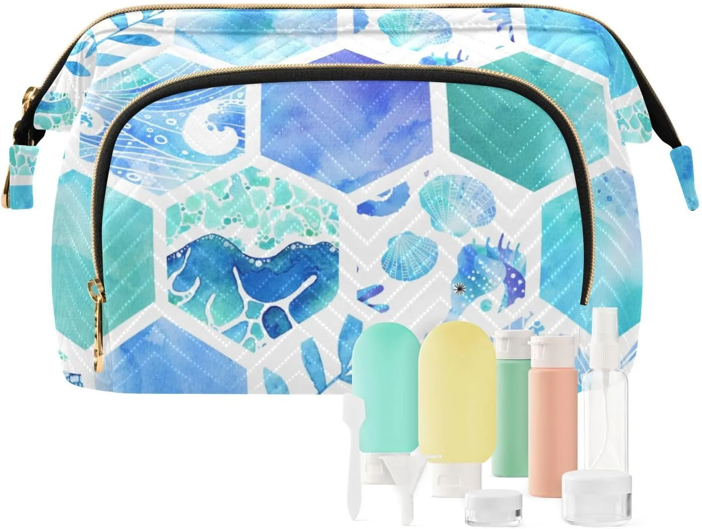 Quilted Cosmetic Bag Blue Watercolor Hexagonal Tiles Wide Open Makeup Organizer Pouch for Women Travel Daily Use
