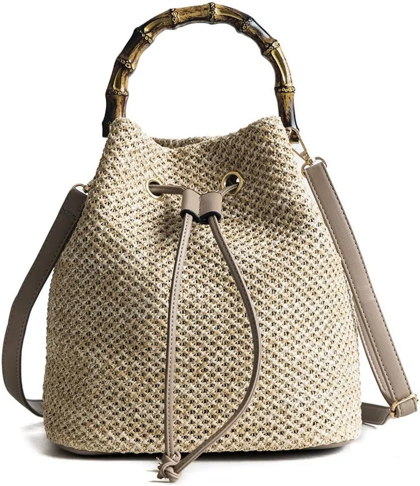 QZUnique Straw Bucket Bags for Women Top Handle Drawstring Woven Handbag Shoulder Bag Summer Beach Purses with Bamboo Handle