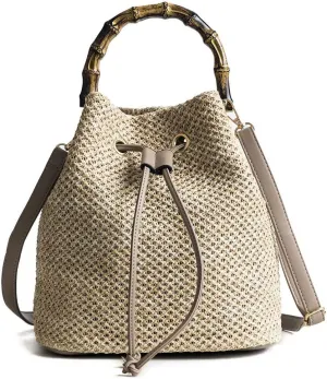 QZUnique Straw Bucket Bags for Women Top Handle Drawstring Woven Handbag Shoulder Bag Summer Beach Purses with Bamboo Handle