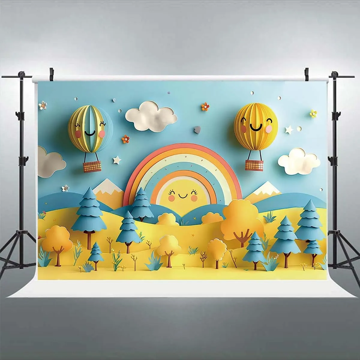 Rainbow Cloud Balloon Arch Photo Background Baby 1st Birthday Backdrop Blue Sky White Clouds Baby Shower Newborn Backdrop Mountains Natural Landscape Space Photo Background(Yellow, 7x5feet)