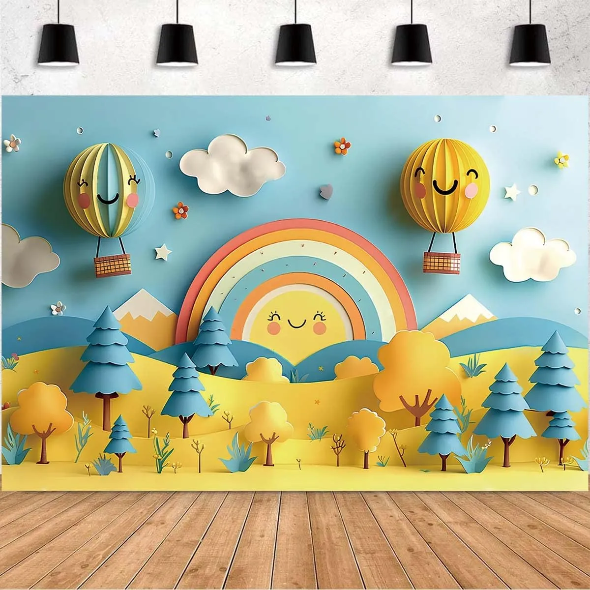 Rainbow Cloud Balloon Arch Photo Background Baby 1st Birthday Backdrop Blue Sky White Clouds Baby Shower Newborn Backdrop Mountains Natural Landscape Space Photo Background(Yellow, 7x5feet)