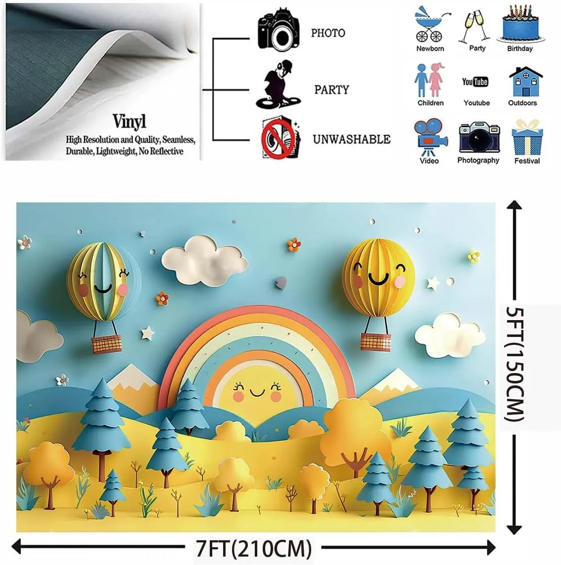 Rainbow Cloud Balloon Arch Photo Background Baby 1st Birthday Backdrop Blue Sky White Clouds Baby Shower Newborn Backdrop Mountains Natural Landscape Space Photo Background(Yellow, 7x5feet)
