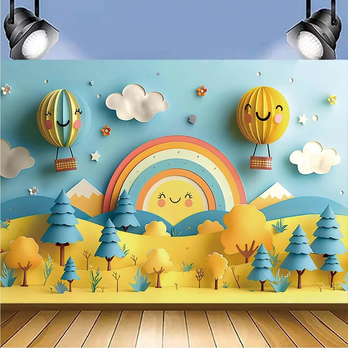 Rainbow Cloud Balloon Arch Photo Background Baby 1st Birthday Backdrop Blue Sky White Clouds Baby Shower Newborn Backdrop Mountains Natural Landscape Space Photo Background(Yellow, 7x5feet)