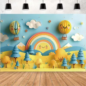 Rainbow Cloud Balloon Arch Photo Background Baby 1st Birthday Backdrop Blue Sky White Clouds Baby Shower Newborn Backdrop Mountains Natural Landscape Space Photo Background(Yellow, 7x5feet)