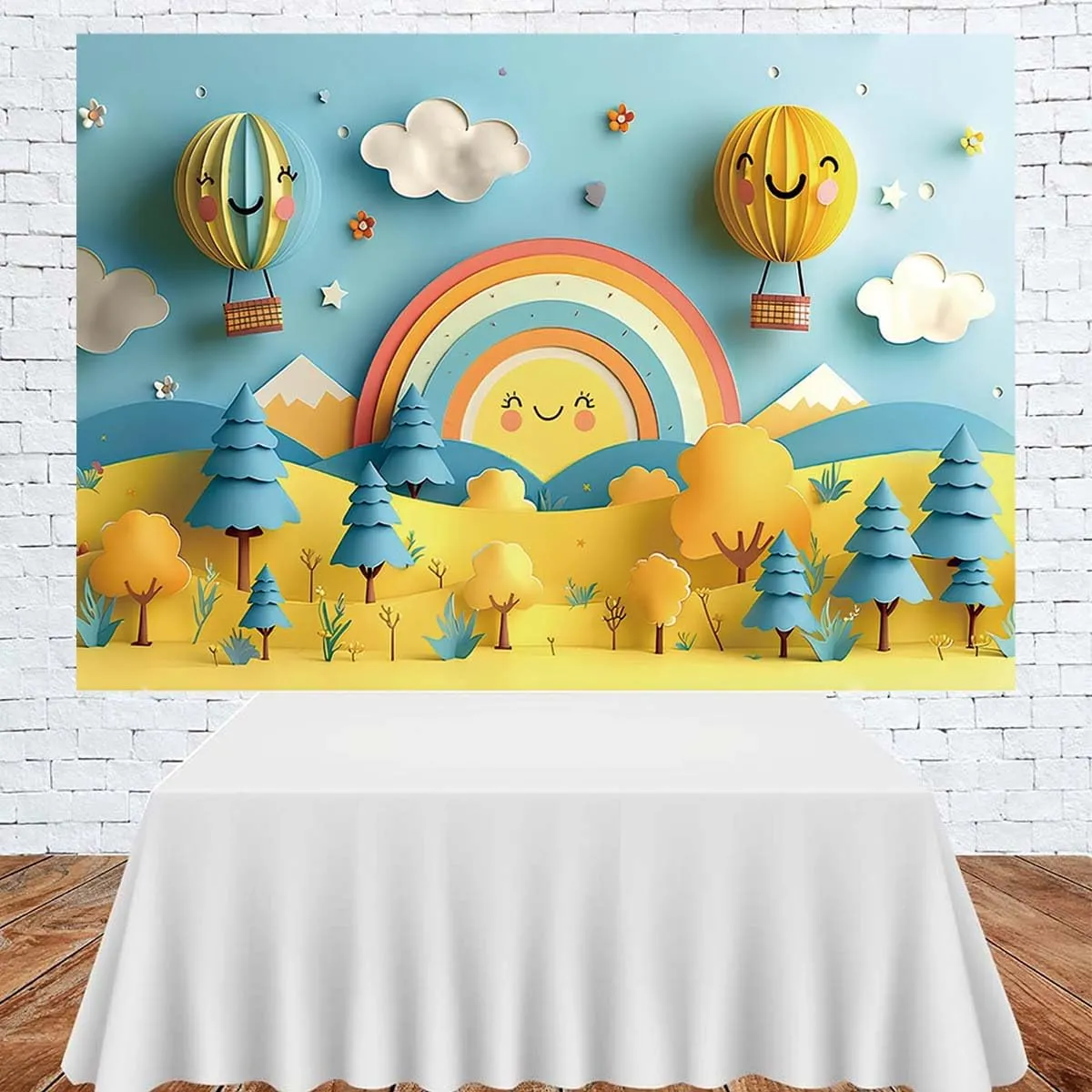Rainbow Cloud Balloon Arch Photo Background Baby 1st Birthday Backdrop Blue Sky White Clouds Baby Shower Newborn Backdrop Mountains Natural Landscape Space Photo Background(Yellow, 7x5feet)