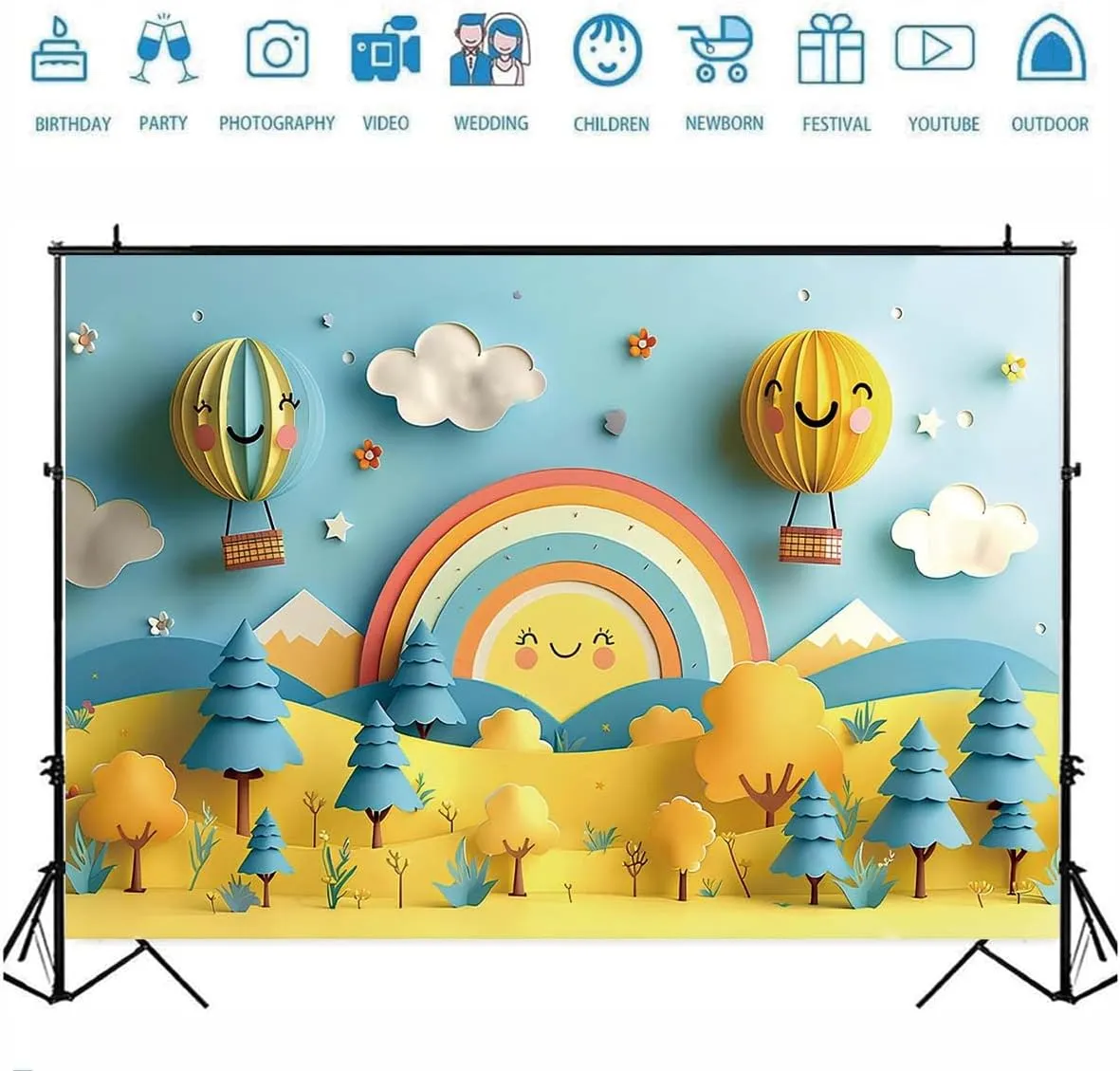 Rainbow Cloud Balloon Arch Photo Background Baby 1st Birthday Backdrop Blue Sky White Clouds Baby Shower Newborn Backdrop Mountains Natural Landscape Space Photo Background(Yellow, 7x5feet)