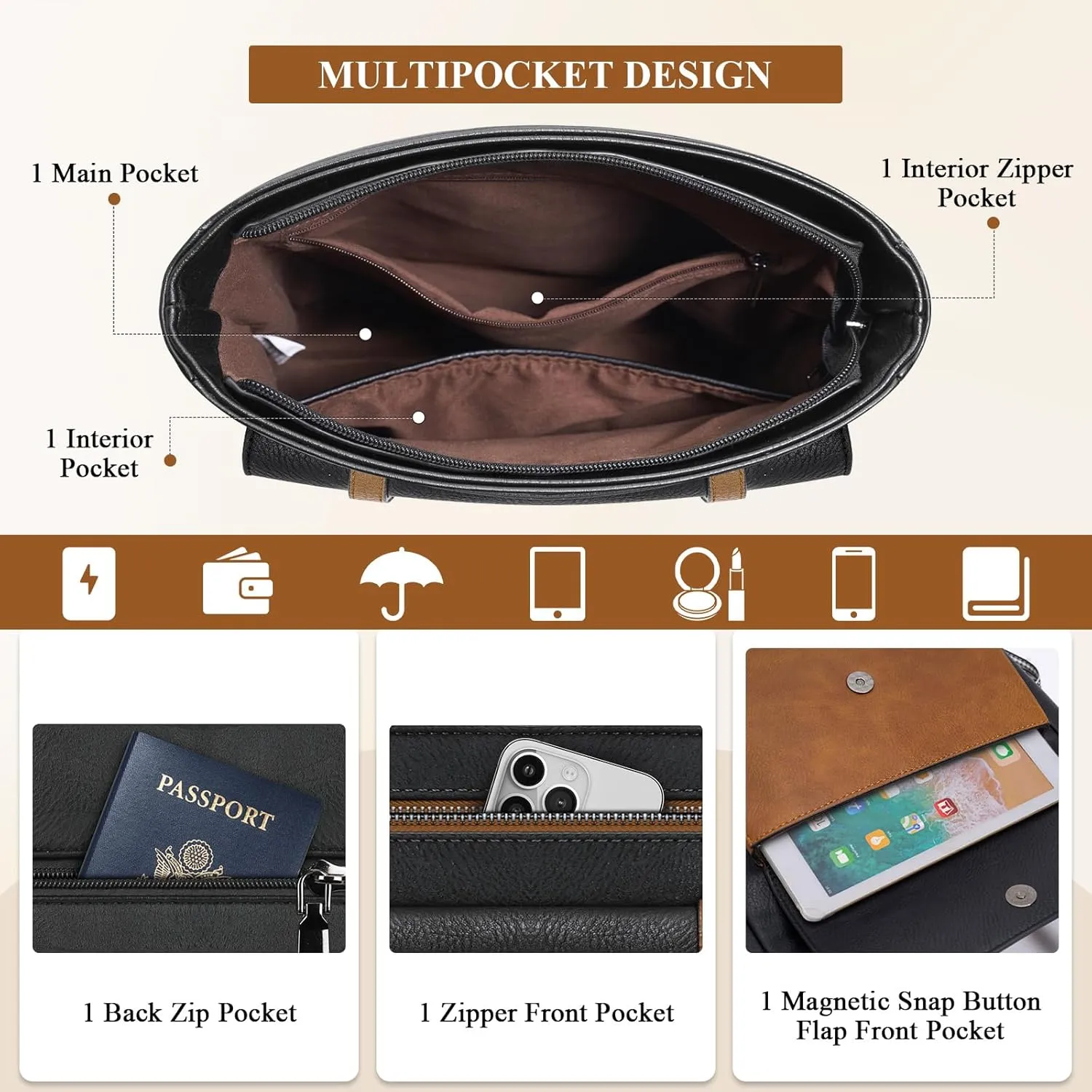 RAINSMORE Crossbody Bag for Women, Waterproof Leather Crossbody Purses Lightweight Handbags Shoulder Bag Travel Purse