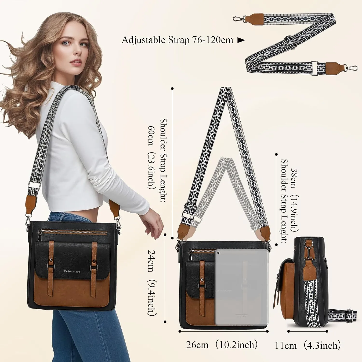 RAINSMORE Crossbody Bag for Women, Waterproof Leather Crossbody Purses Lightweight Handbags Shoulder Bag Travel Purse