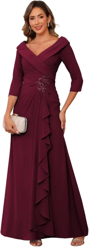 Raseal Chiffon Mother of The Bride Dresses for Wedding with 3/4 Sleeves Long Ruched Applique Formal Dress RS111