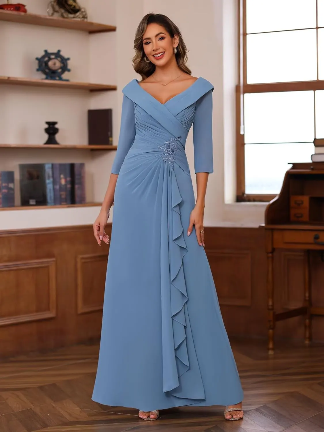 Raseal Chiffon Mother of The Bride Dresses for Wedding with 3/4 Sleeves Long Ruched Applique Formal Dress RS111