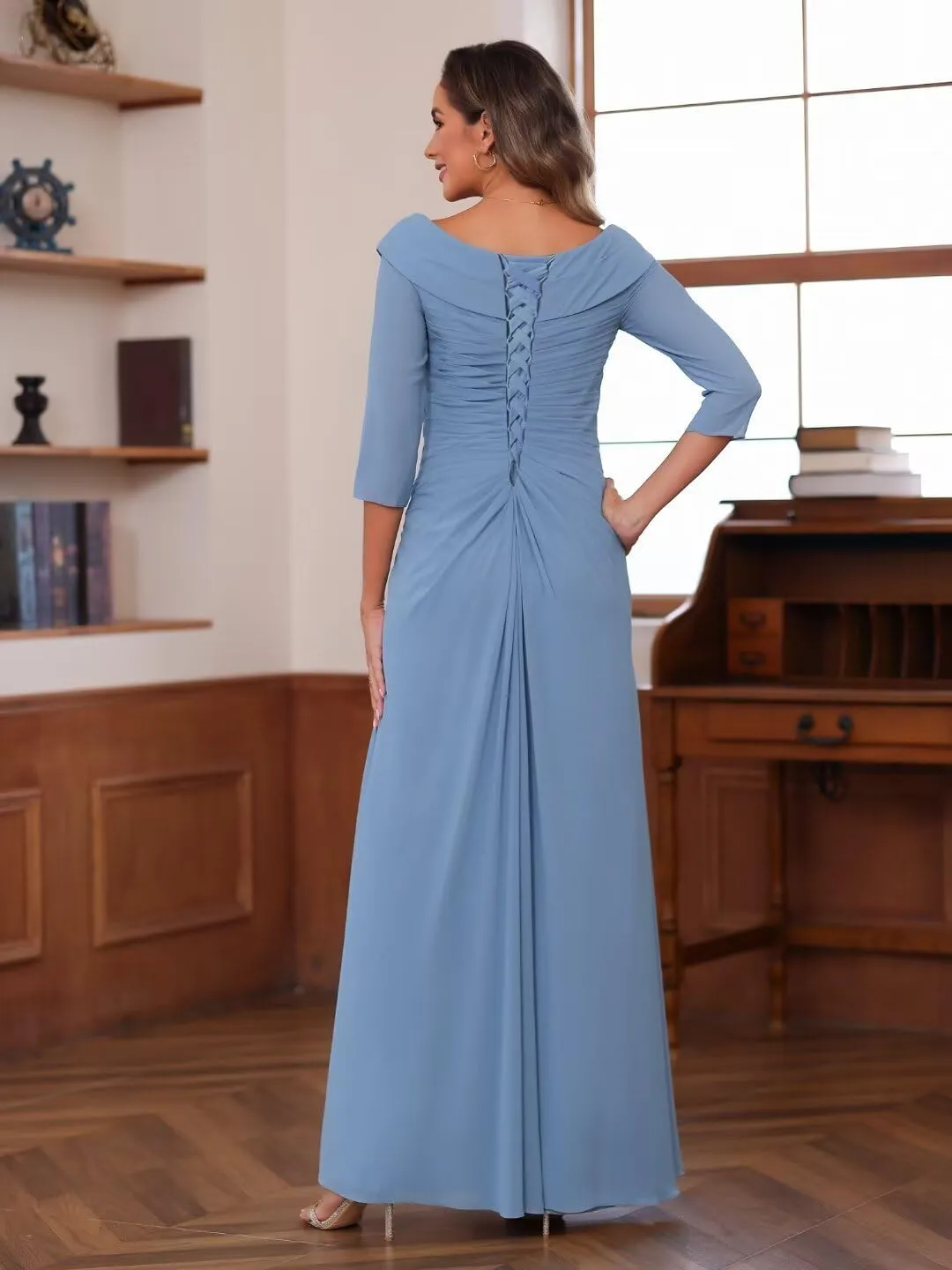 Raseal Chiffon Mother of The Bride Dresses for Wedding with 3/4 Sleeves Long Ruched Applique Formal Dress RS111