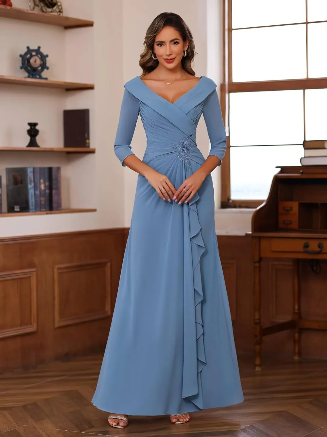 Raseal Chiffon Mother of The Bride Dresses for Wedding with 3/4 Sleeves Long Ruched Applique Formal Dress RS111