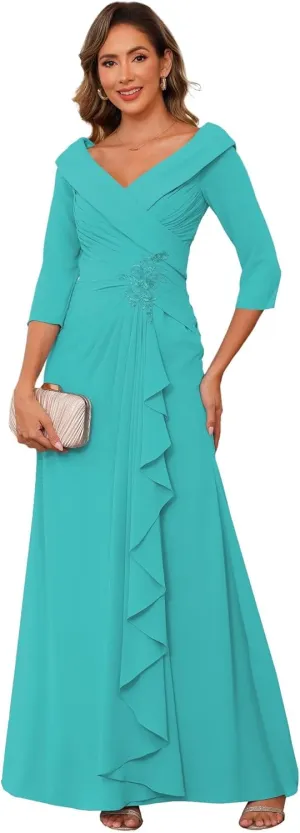 Raseal Chiffon Mother of The Bride Dresses for Wedding with 3/4 Sleeves Long Ruched Applique Formal Dress RS111
