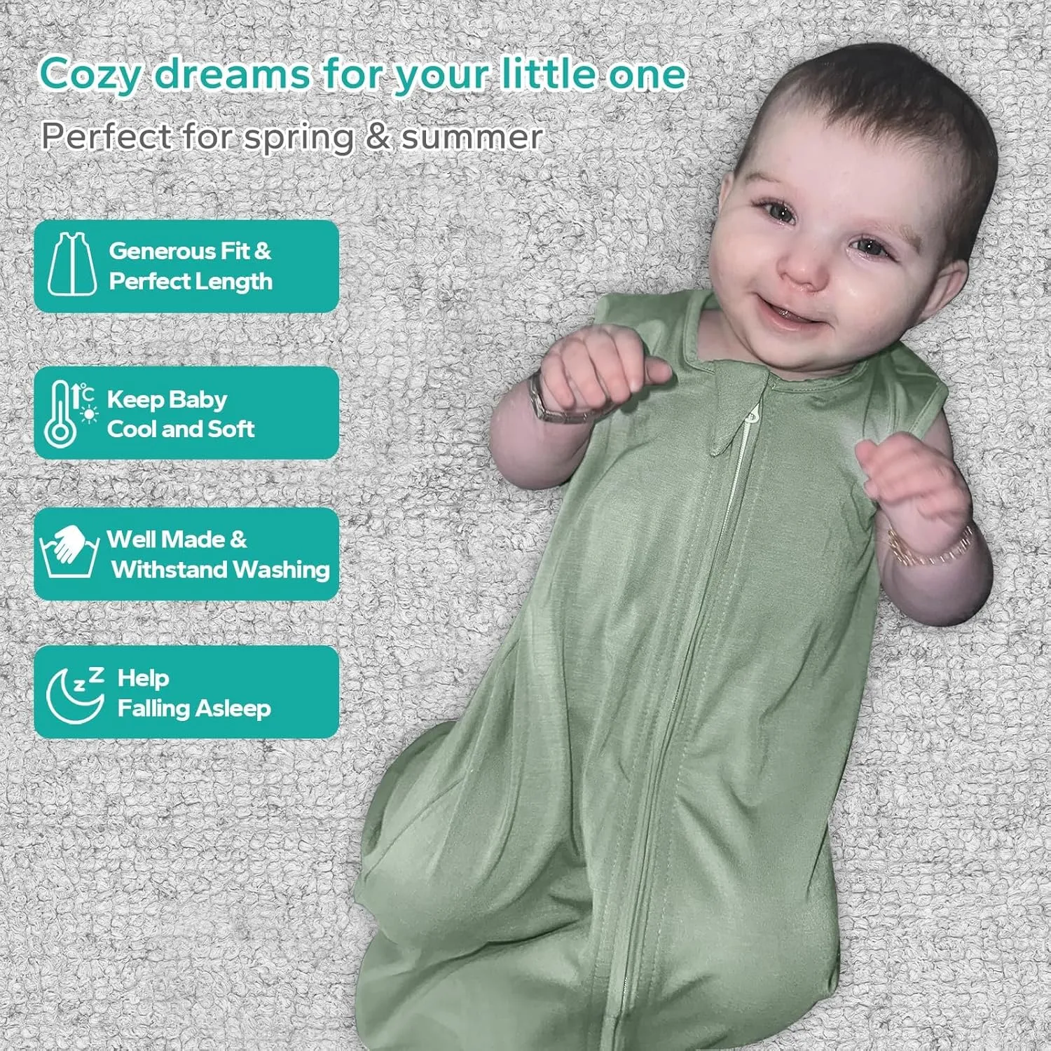 Rayon Made from Bamboo Sleep Sacks, 0.5 TOG Wearable Blankets Baby, Stretchy Sleep Sacks 12-24 Months, Green & Grey