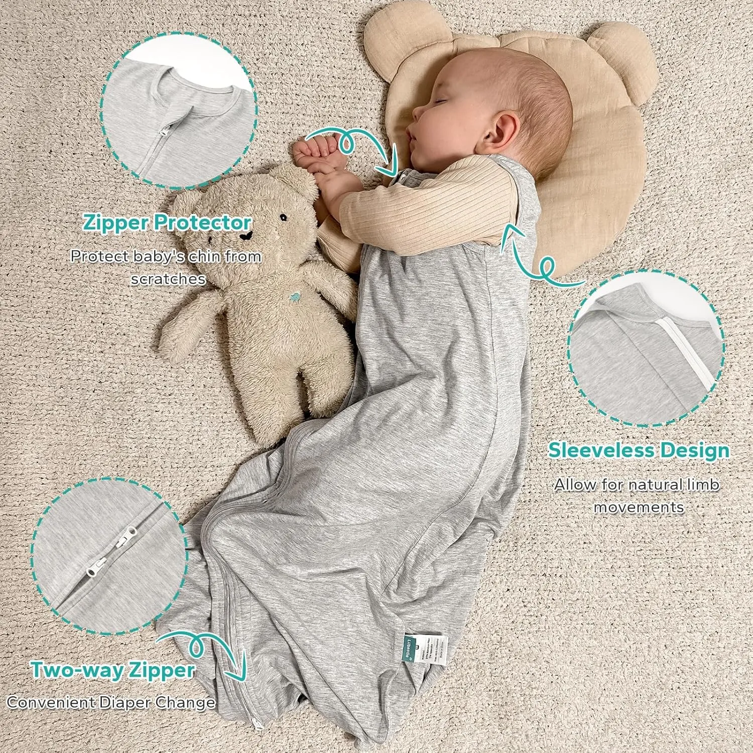 Rayon Made from Bamboo Sleep Sacks, 0.5 TOG Wearable Blankets Baby, Stretchy Sleep Sacks 12-24 Months, Green & Grey