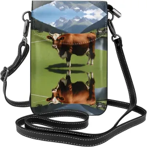 Real Swiss Cow Brown Pattern Leather Crossbody Flap Phone Bag - Versatile Gift for Women Walking, Camping, Shopping, and Travel