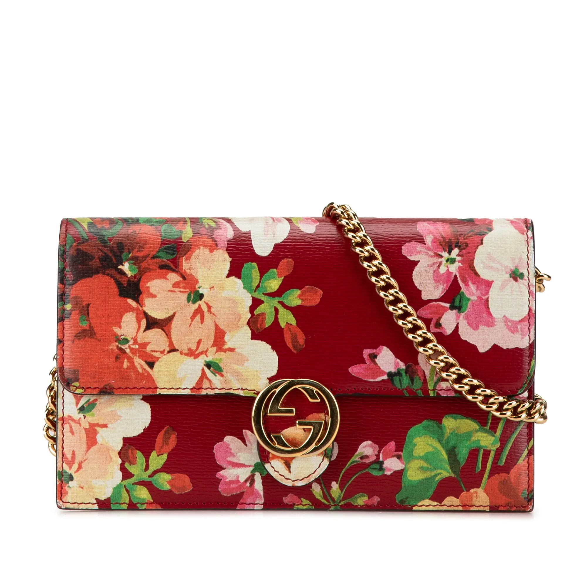 Red Gucci Interlocking G Blooms Leather Wallet on Chain
