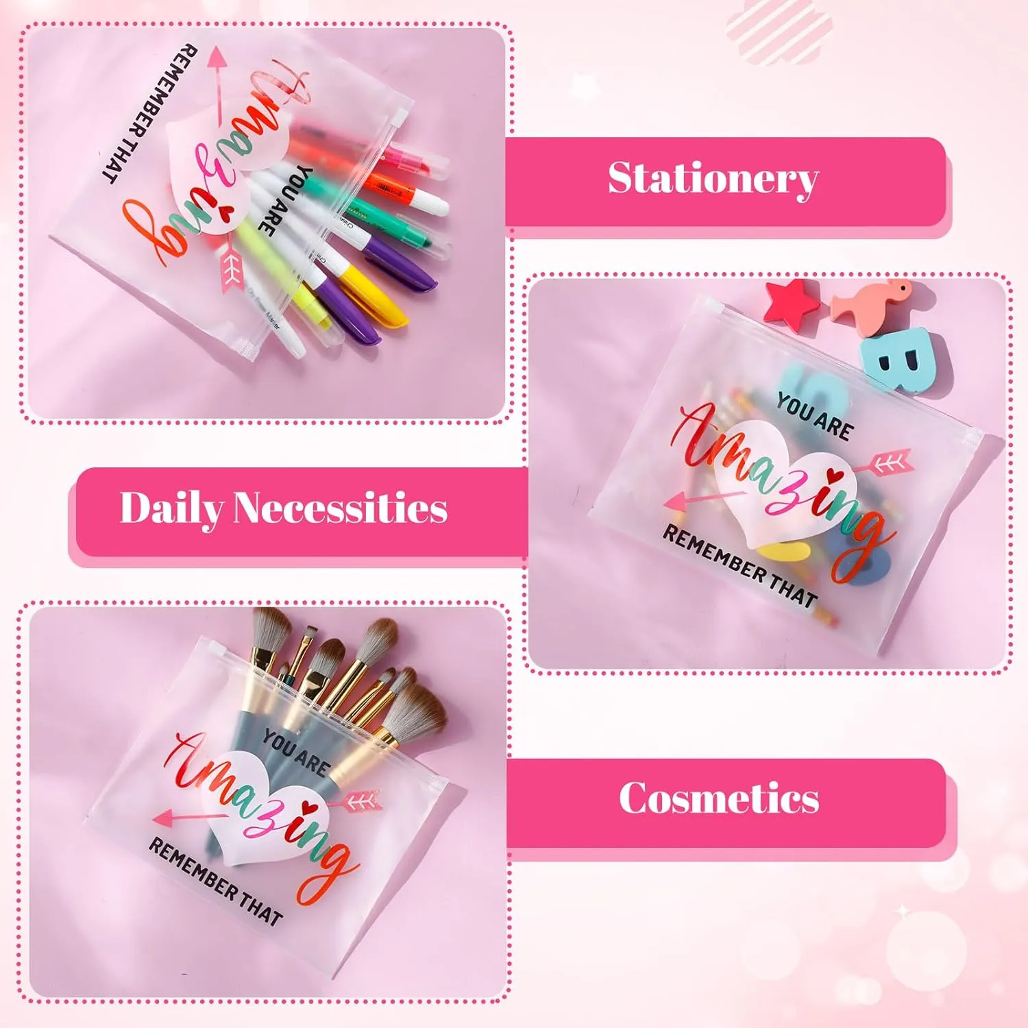 Reginary 50 Pcs Inspirational Gifts Bulk for Women Cosmetic Bag EVA You Are Braver Awesome Makeup Bag with Zipper for Birthday Graduation Christian Easter Encouragement Gifts(Heart Amazing)