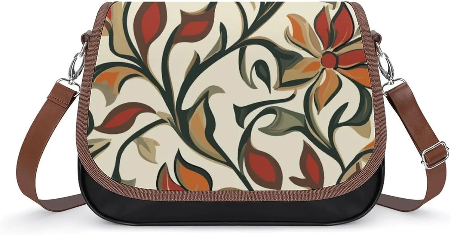 Retro Botanical Pattern Crossbody Bag Leather Crossbody Bag