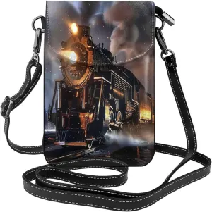 Retro Steam Train Leather Crossbody Bag For Women, Vintage Locomotive Train Small Cell Phone Purse Mini Shoulder Phone Bag Wallet Pouch