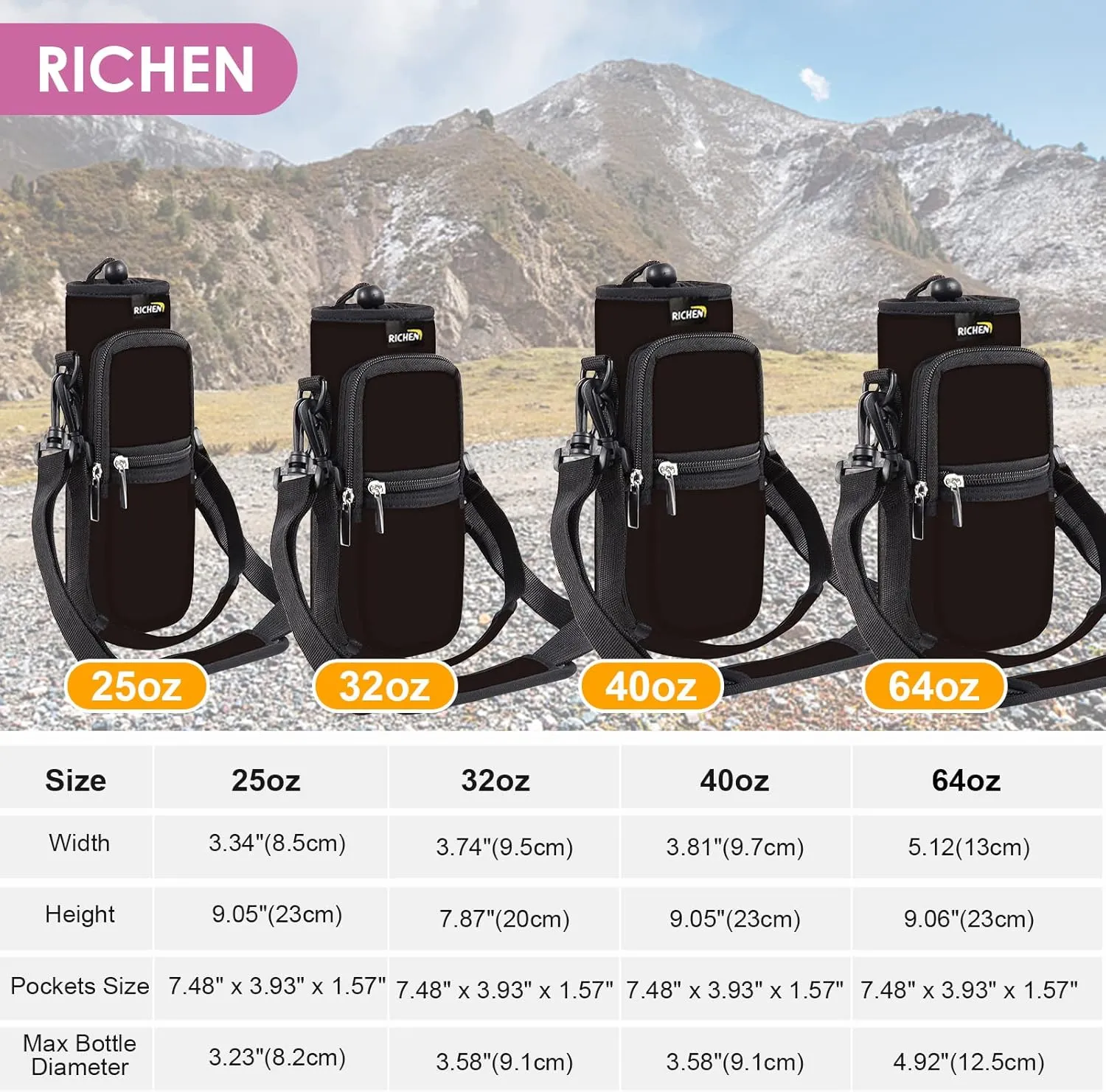 RICHEN Neoprene Water Bottle Carrier Bag 25/32/40/64 oz, Bottle Pouch Holder with Adjustable Padded Shoulder & Handle Strap and Front Pockets for Men/Women Hiking Travelling Camping
