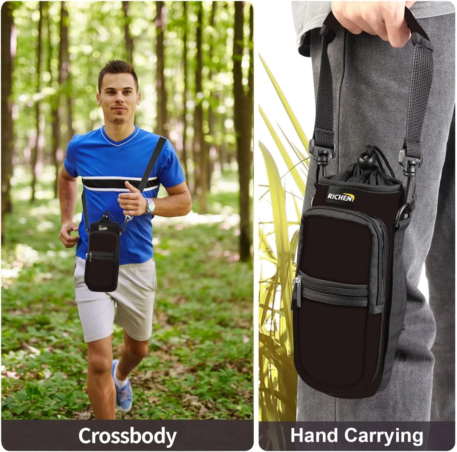 RICHEN Neoprene Water Bottle Carrier Bag 25/32/40/64 oz, Bottle Pouch Holder with Adjustable Padded Shoulder & Handle Strap and Front Pockets for Men/Women Hiking Travelling Camping