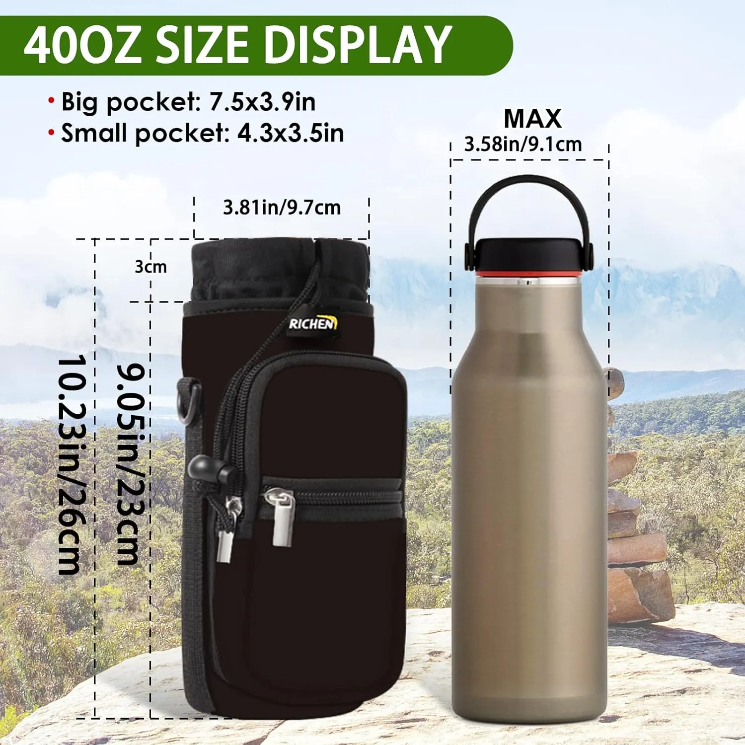 RICHEN Neoprene Water Bottle Carrier Bag 25/32/40/64 oz, Bottle Pouch Holder with Adjustable Padded Shoulder & Handle Strap and Front Pockets for Men/Women Hiking Travelling Camping