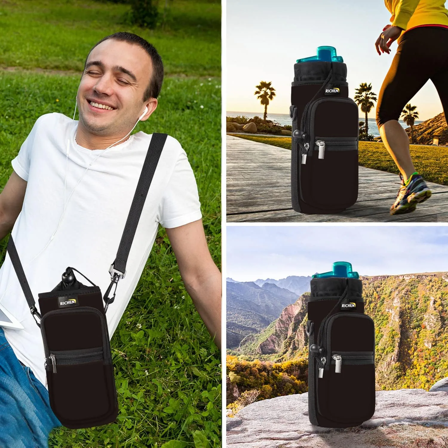 RICHEN Neoprene Water Bottle Carrier Bag 25/32/40/64 oz, Bottle Pouch Holder with Adjustable Padded Shoulder & Handle Strap and Front Pockets for Men/Women Hiking Travelling Camping
