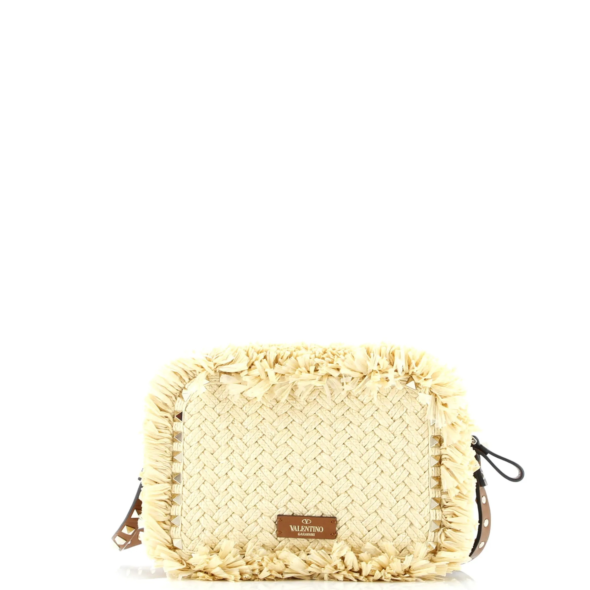 Rockstud Camera Crossbody Bag Raffia with Leather