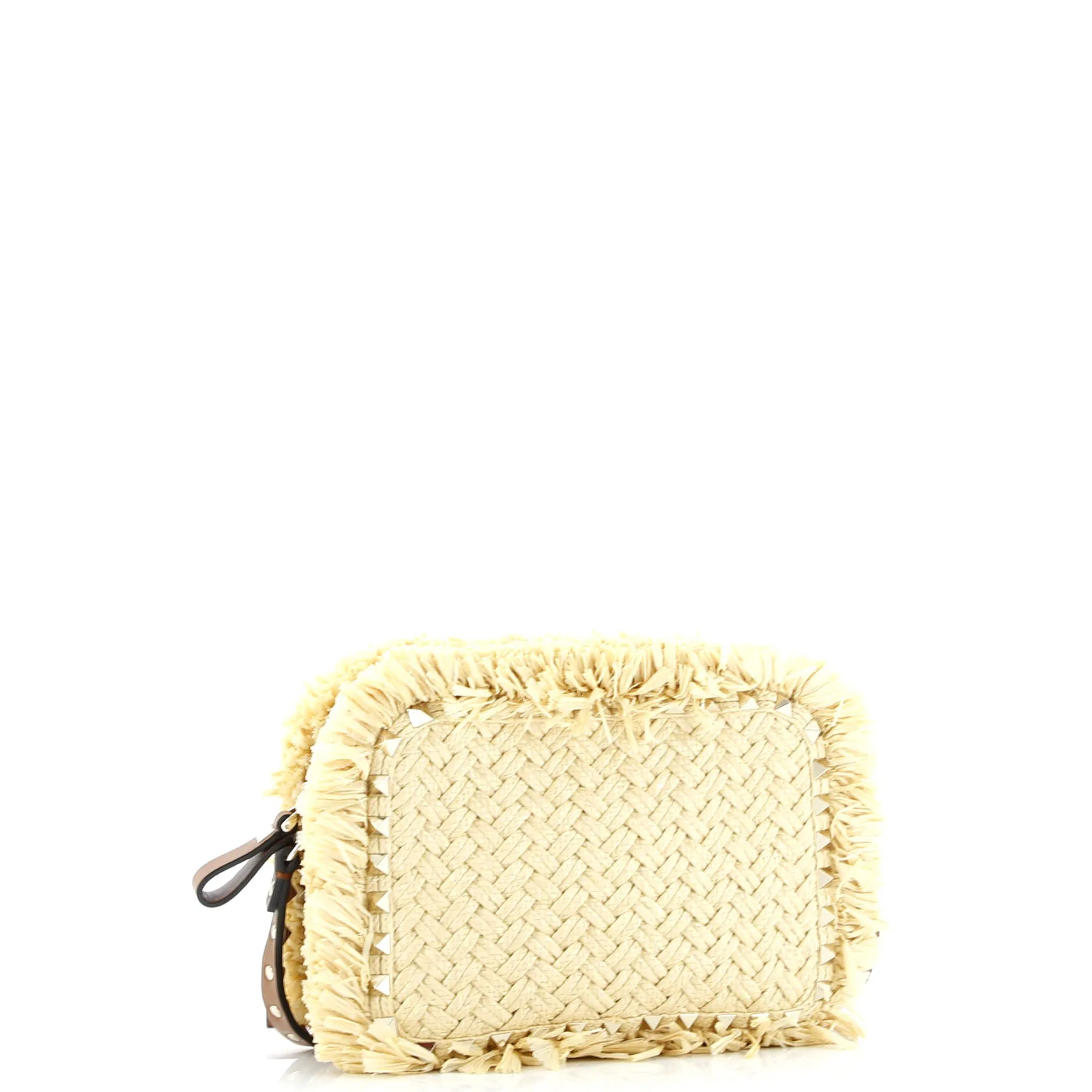 Rockstud Camera Crossbody Bag Raffia with Leather