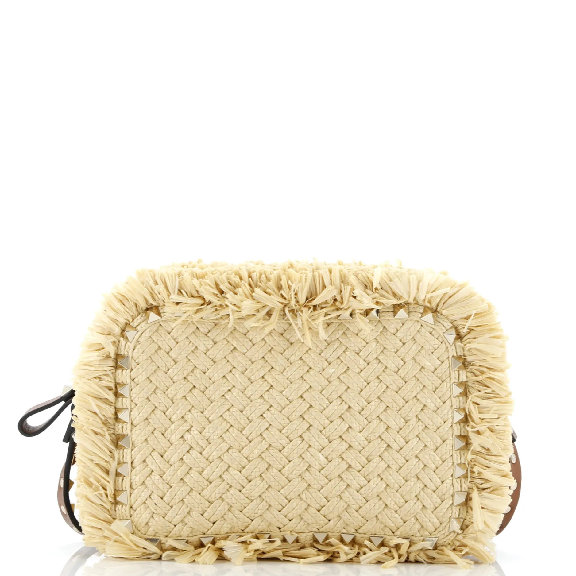 Rockstud Camera Crossbody Bag Raffia with Leather