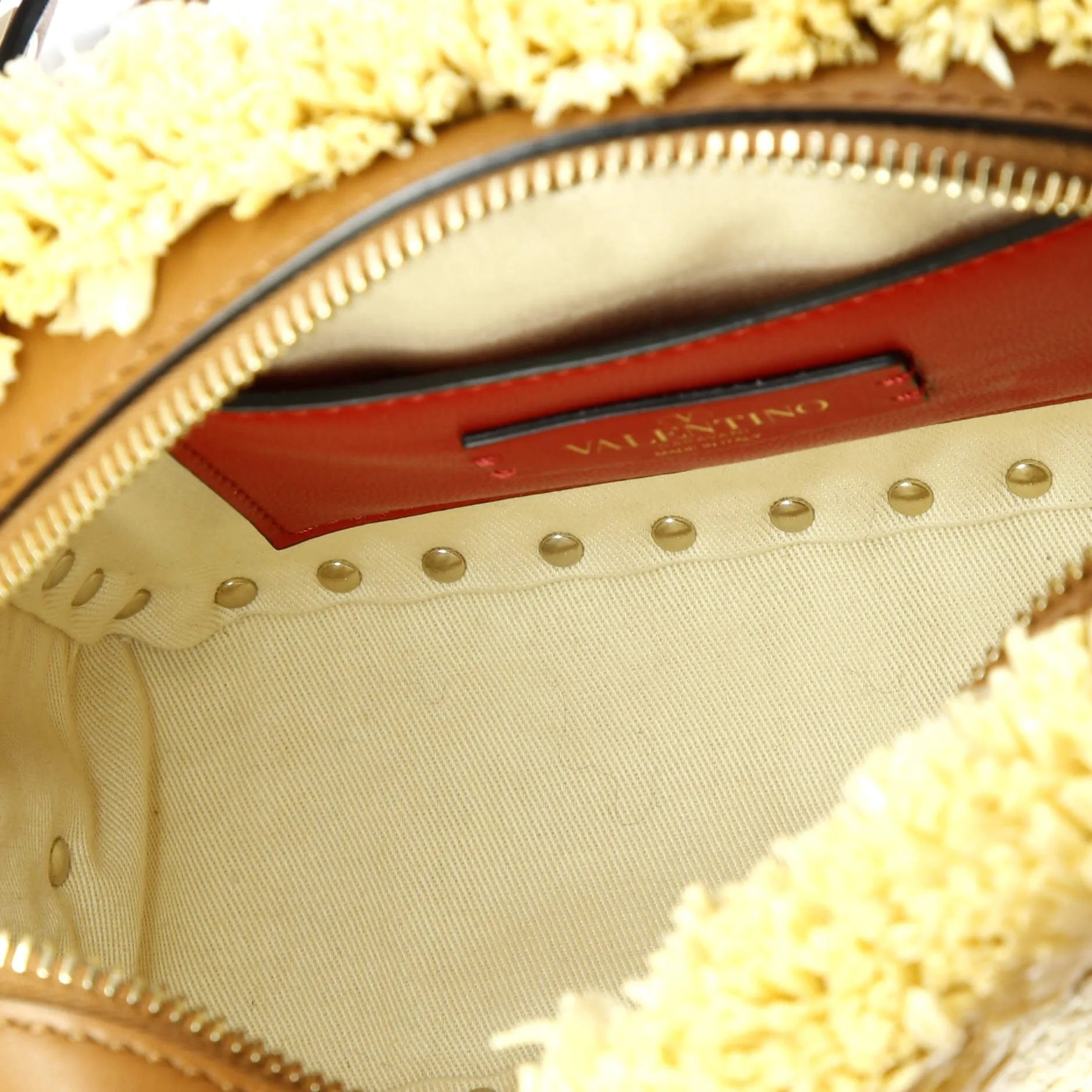 Rockstud Camera Crossbody Bag Raffia with Leather