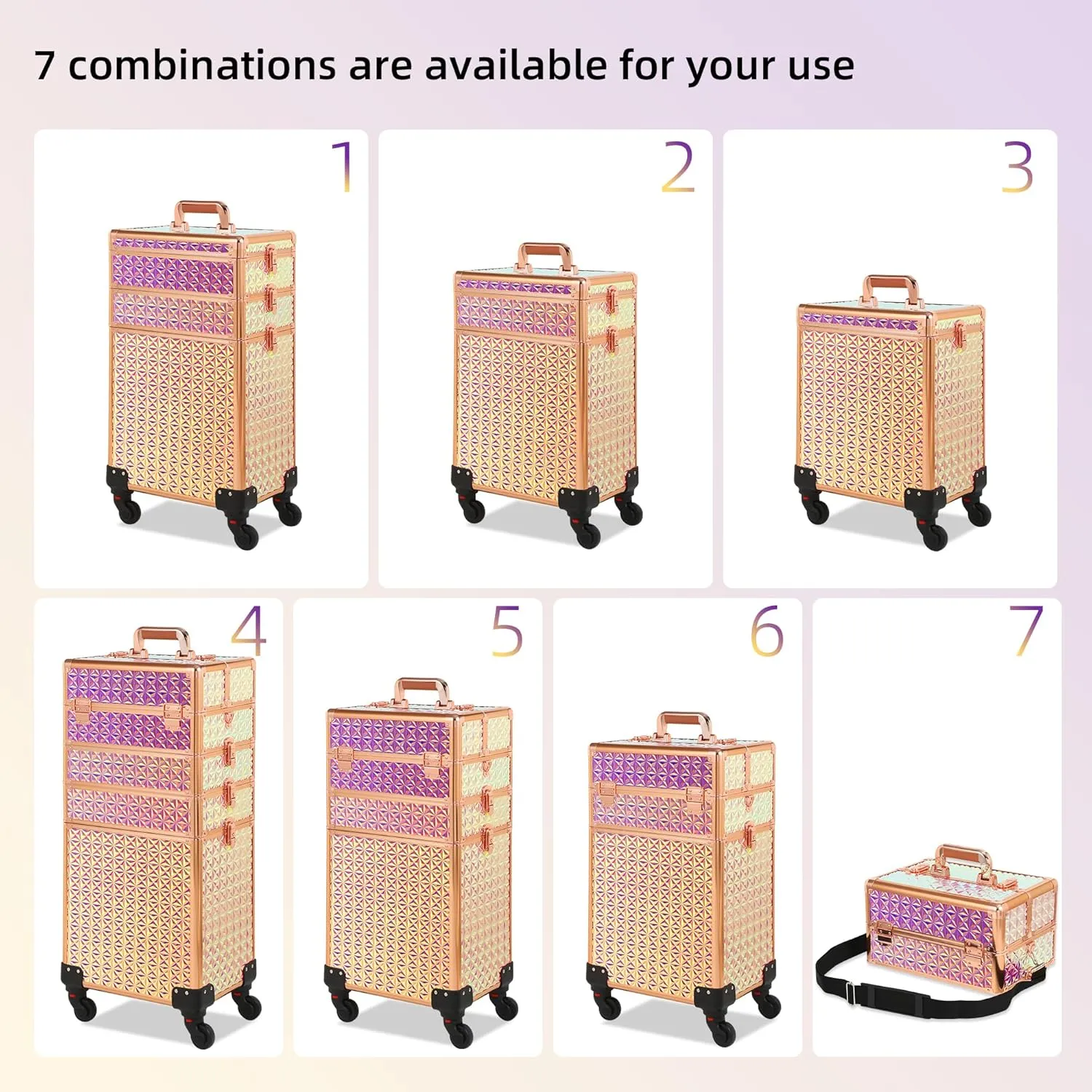 Rolling Makeup Case, Makeup Train Case with Lid, 5 in 1 Cosmetology Case on Wheels, Christmas Gift, Large Makeup Case Organizers, Profesional Cosmetic Case for Salon Barber, Bright Pink
