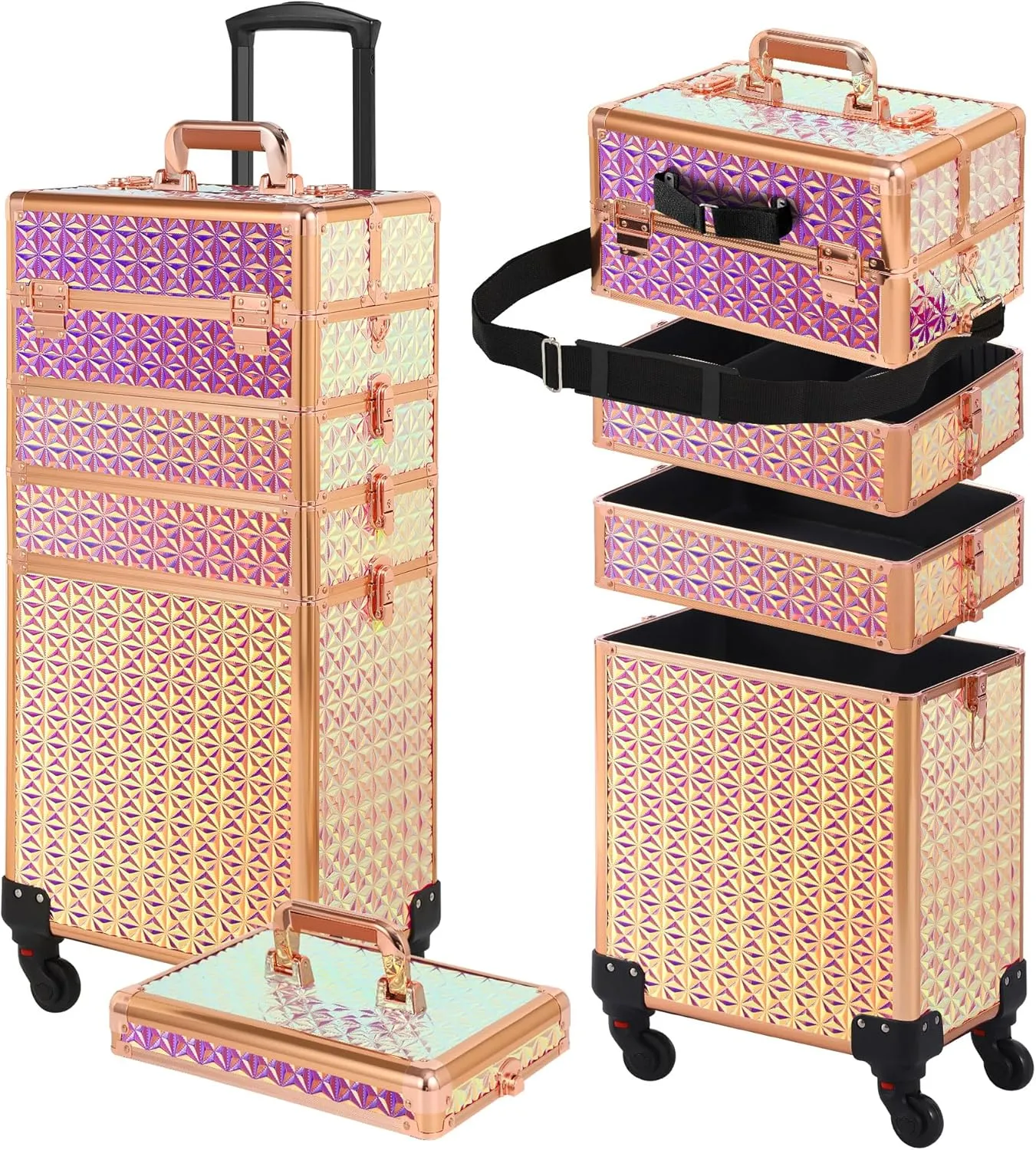 Rolling Makeup Case, Makeup Train Case with Lid, 5 in 1 Cosmetology Case on Wheels, Christmas Gift, Large Makeup Case Organizers, Profesional Cosmetic Case for Salon Barber, Bright Pink