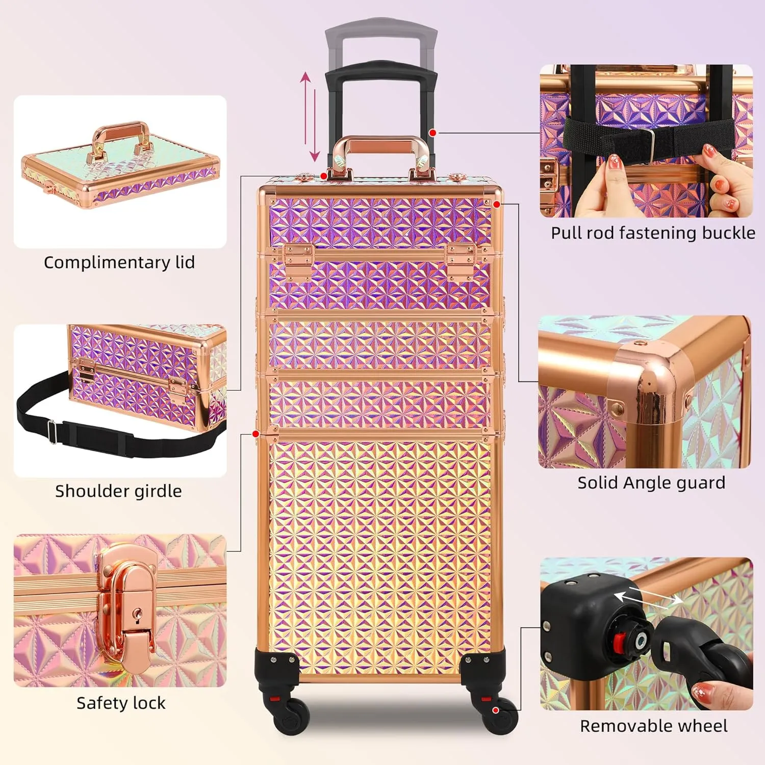 Rolling Makeup Case, Makeup Train Case with Lid, 5 in 1 Cosmetology Case on Wheels, Christmas Gift, Large Makeup Case Organizers, Profesional Cosmetic Case for Salon Barber, Bright Pink