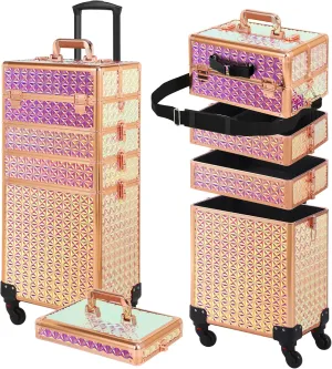 Rolling Makeup Case, Makeup Train Case with Lid, 5 in 1 Cosmetology Case on Wheels, Christmas Gift, Large Makeup Case Organizers, Profesional Cosmetic Case for Salon Barber, Bright Pink