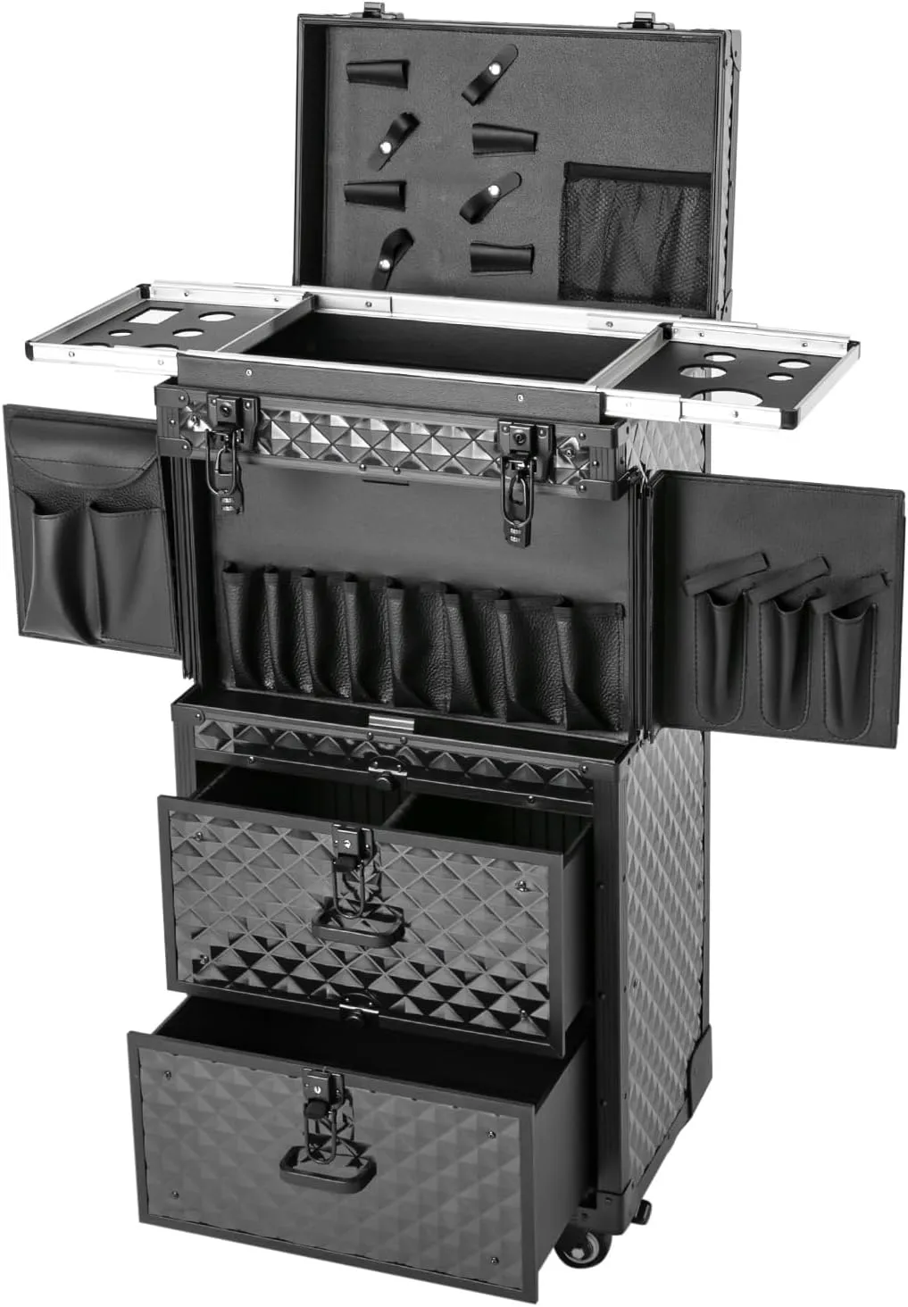 Rolling Makeup Case Travel Make Up Case Cosmetic Train Case Hairdressing Cosmetic Organizer With 4Universal Wheels/2Combination Locks Retractable Tray For Hairdresser Makeup Artist (Black)