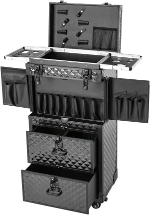 Rolling Makeup Case Travel Make Up Case Cosmetic Train Case Hairdressing Cosmetic Organizer With 4Universal Wheels/2Combination Locks Retractable Tray For Hairdresser Makeup Artist (Black)