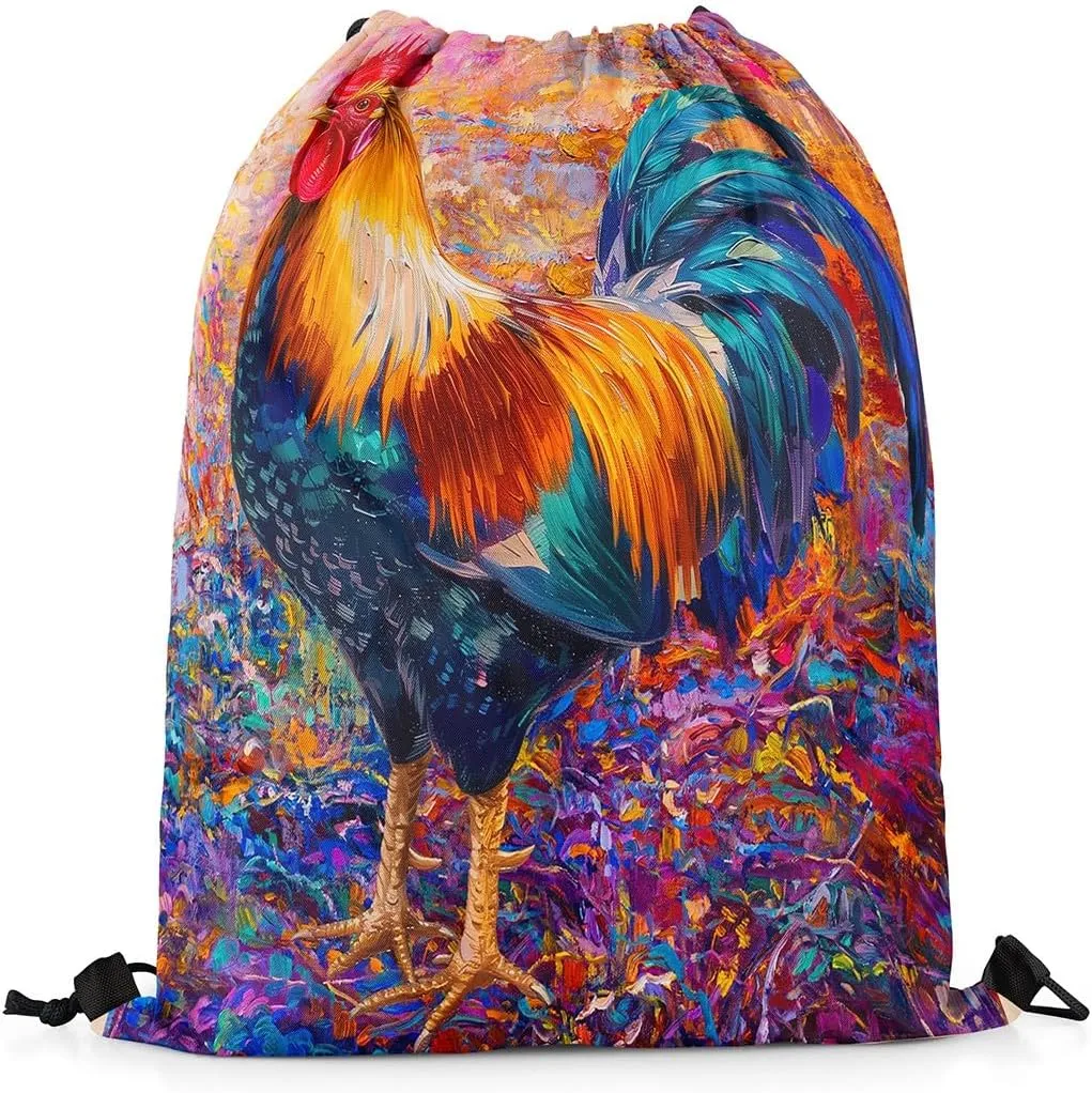 Rooster Drawstring Backpack,Vintage Farmhouse Cock String Bag,Farm Animals Reversible Sackpack 13X15.7,Painting Draw String Back Bag for Sport Traveling Camping Swim Yoga