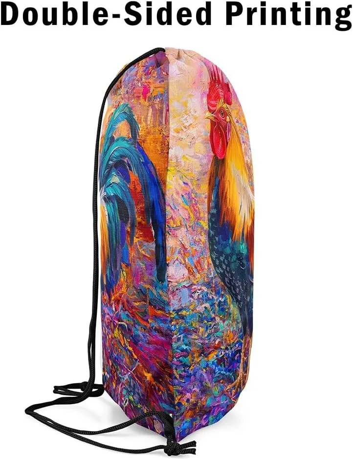 Rooster Drawstring Backpack,Vintage Farmhouse Cock String Bag,Farm Animals Reversible Sackpack 13X15.7,Painting Draw String Back Bag for Sport Traveling Camping Swim Yoga