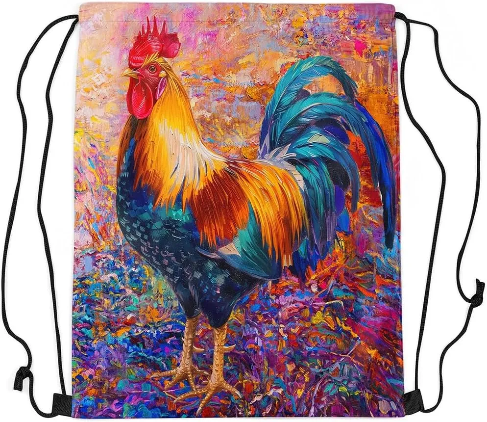 Rooster Drawstring Backpack,Vintage Farmhouse Cock String Bag,Farm Animals Reversible Sackpack 13X15.7,Painting Draw String Back Bag for Sport Traveling Camping Swim Yoga