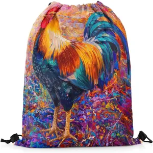 Rooster Drawstring Backpack,Vintage Farmhouse Cock String Bag,Farm Animals Reversible Sackpack 13X15.7,Painting Draw String Back Bag for Sport Traveling Camping Swim Yoga