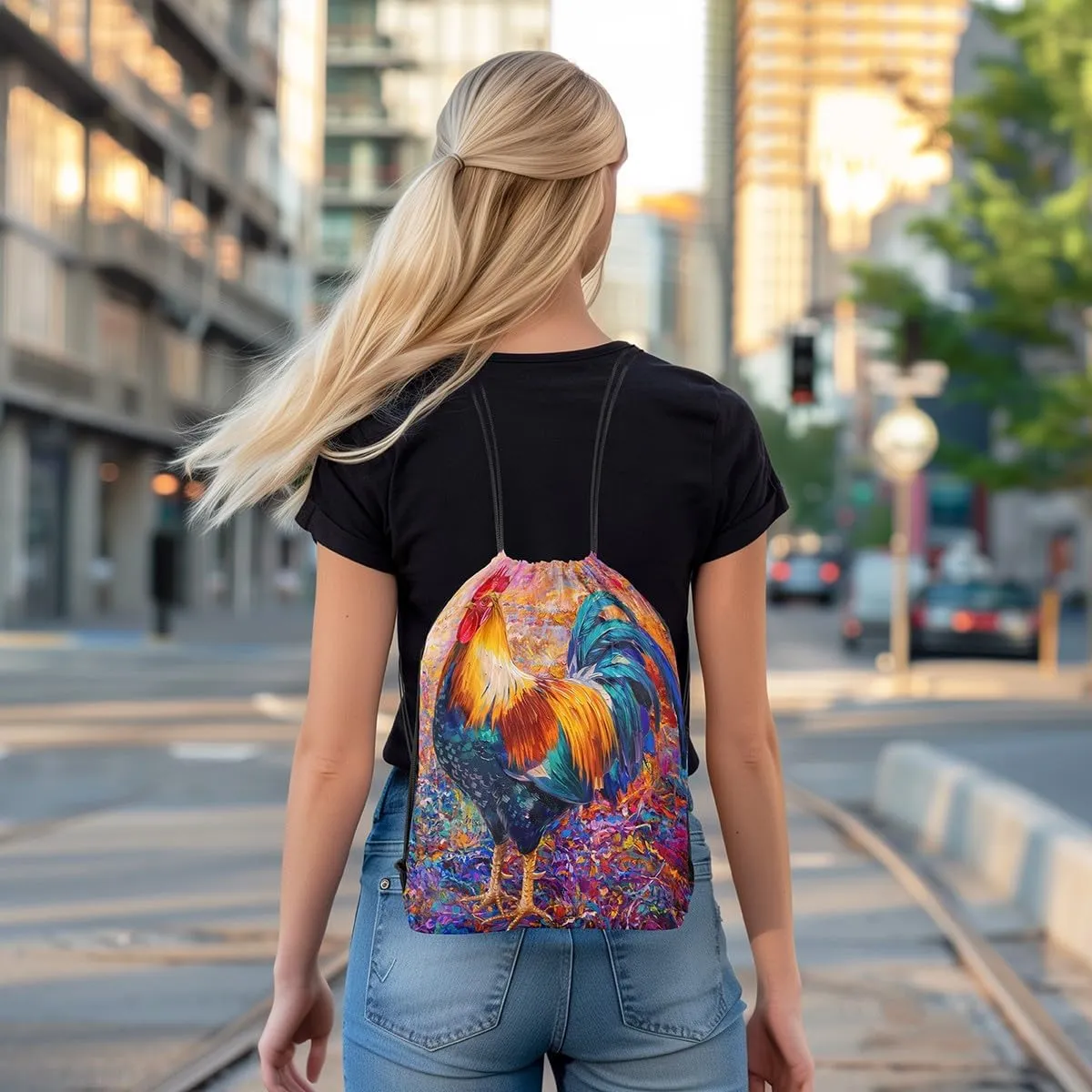 Rooster Drawstring Backpack,Vintage Farmhouse Cock String Bag,Farm Animals Reversible Sackpack 13X15.7,Painting Draw String Back Bag for Sport Traveling Camping Swim Yoga