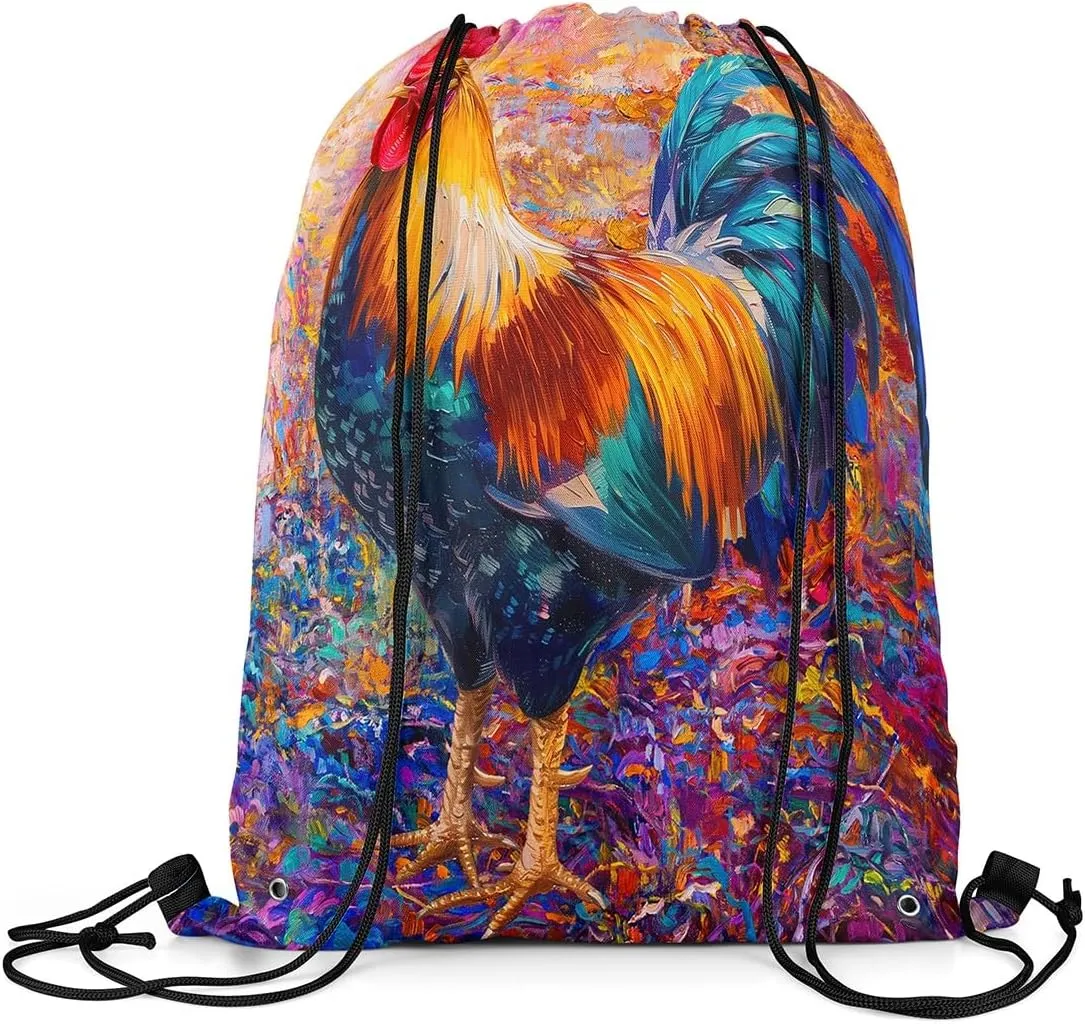 Rooster Drawstring Backpack,Vintage Farmhouse Cock String Bag,Farm Animals Reversible Sackpack 13X15.7,Painting Draw String Back Bag for Sport Traveling Camping Swim Yoga
