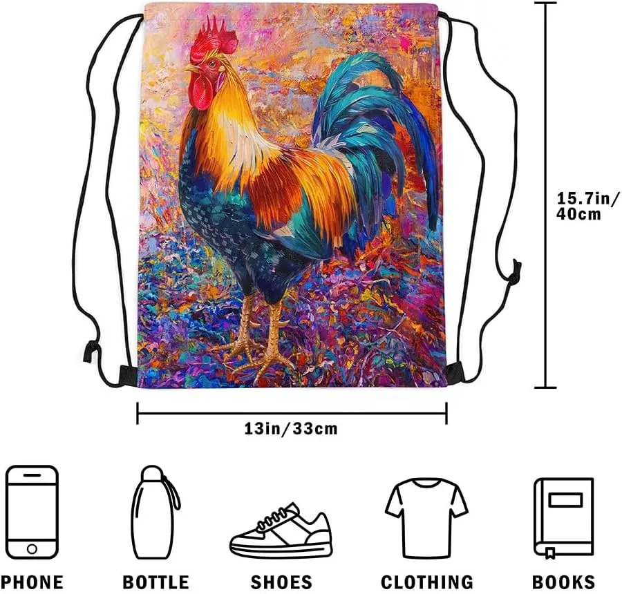 Rooster Drawstring Backpack,Vintage Farmhouse Cock String Bag,Farm Animals Reversible Sackpack 13X15.7,Painting Draw String Back Bag for Sport Traveling Camping Swim Yoga
