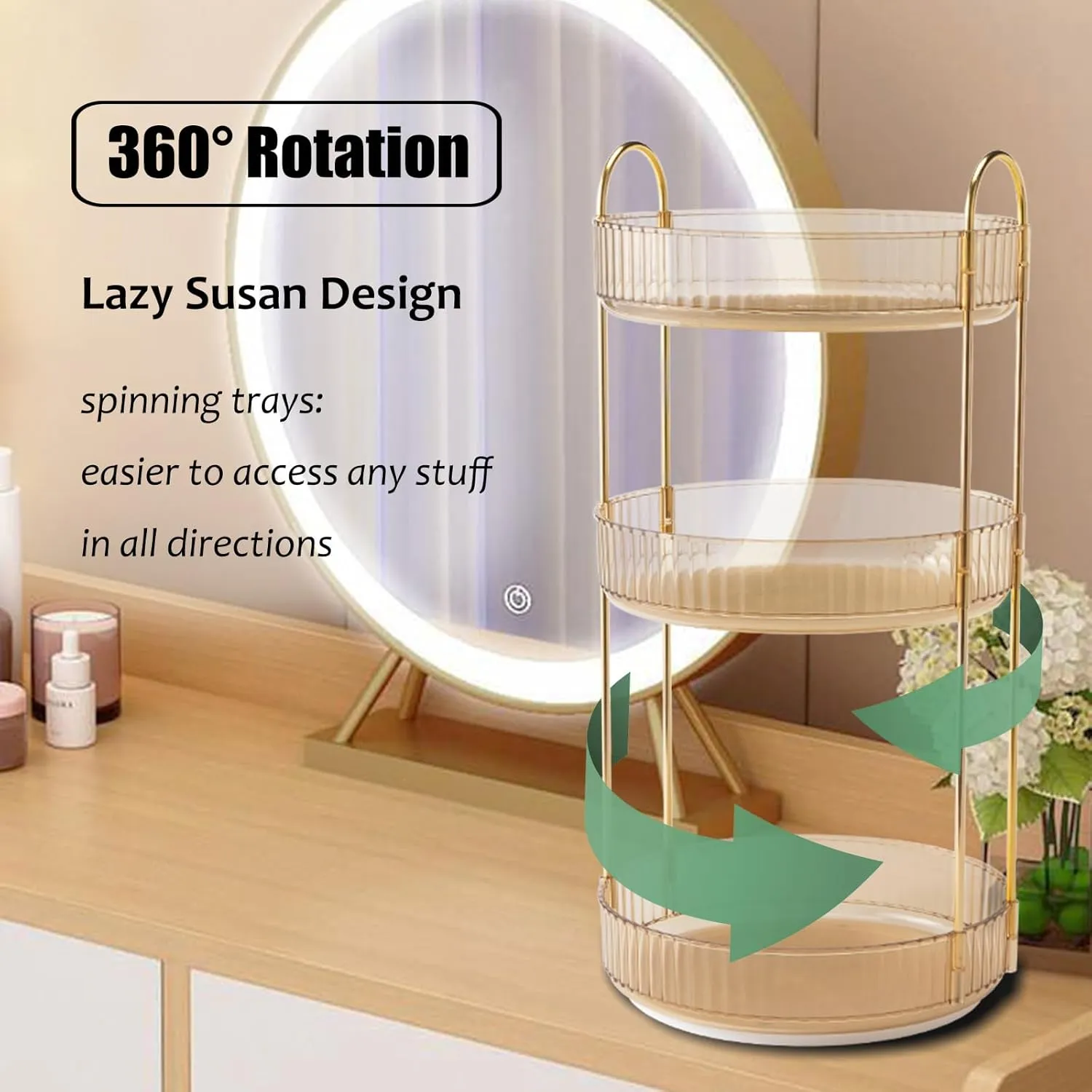 Rotating Makeup Organizer Countertop 3 Tier Lazy Susan Trays Clear Skincare Perfume Storage for Bathroom Counter Vanity, Amber Gold