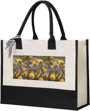 Rural Honey Bees Wildflowers print Canvas Present Shopping Bag, women's present canvas handbag, canvas beach bag
